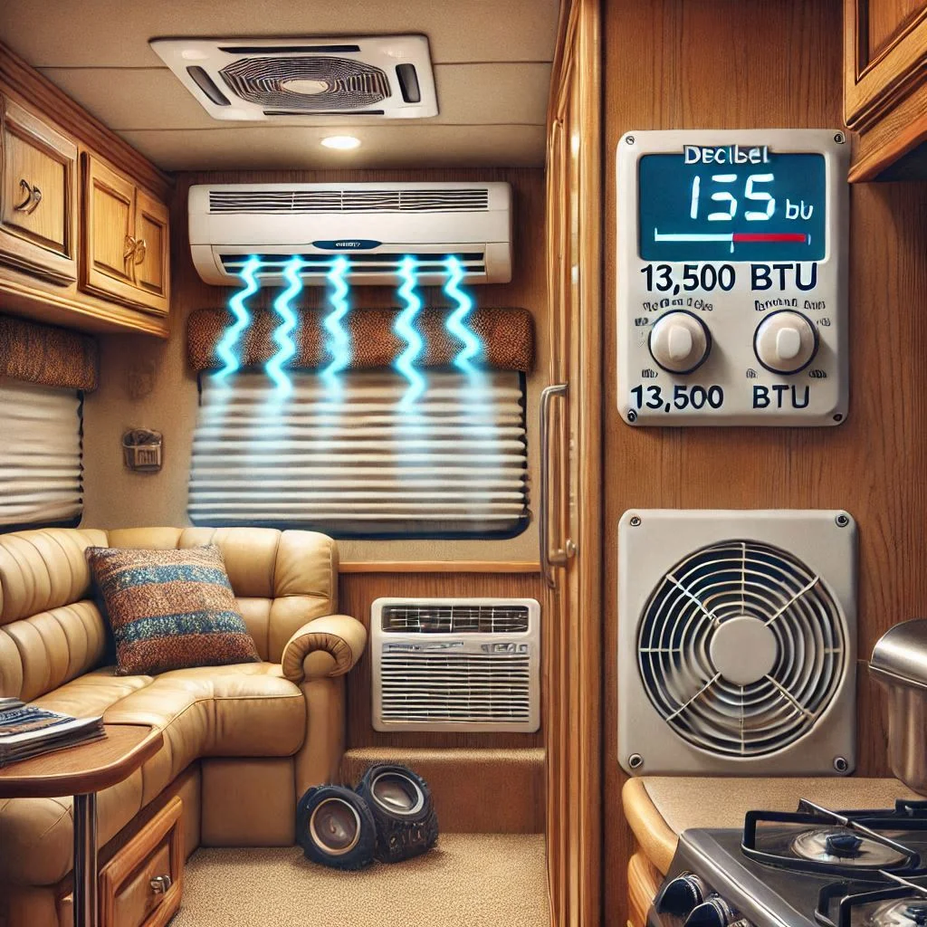 : An image of an RV interior with the air conditioner running, showing a noise comparison between two units (13,500 BTU and 15,000 BTU), with a decibel meter indicating the sound levels.