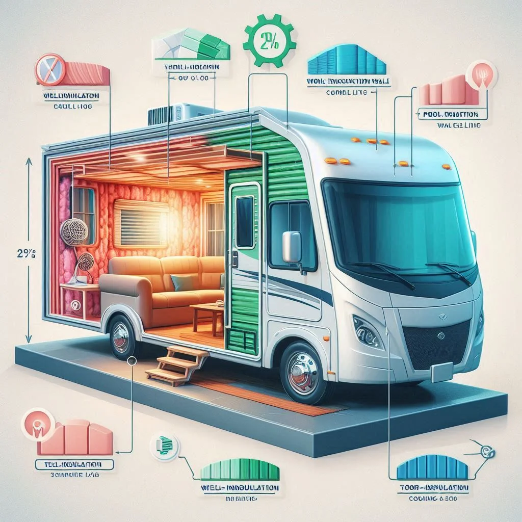 An image of an RV with clear labels showing the difference between well-insulated walls and poor insulation, highlighting their impact on cooling needs.