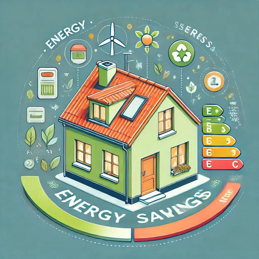 A graphic of a house with energy savings indicated by reduced utility bills and an eco-friendly label.