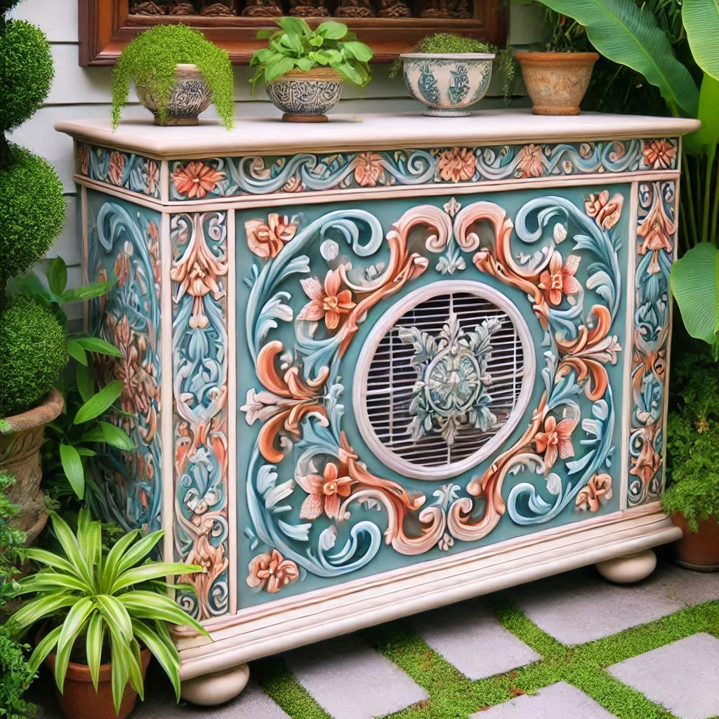 A beautifully painted air conditioner cover with decorative trim, fitting in with a garden setting.