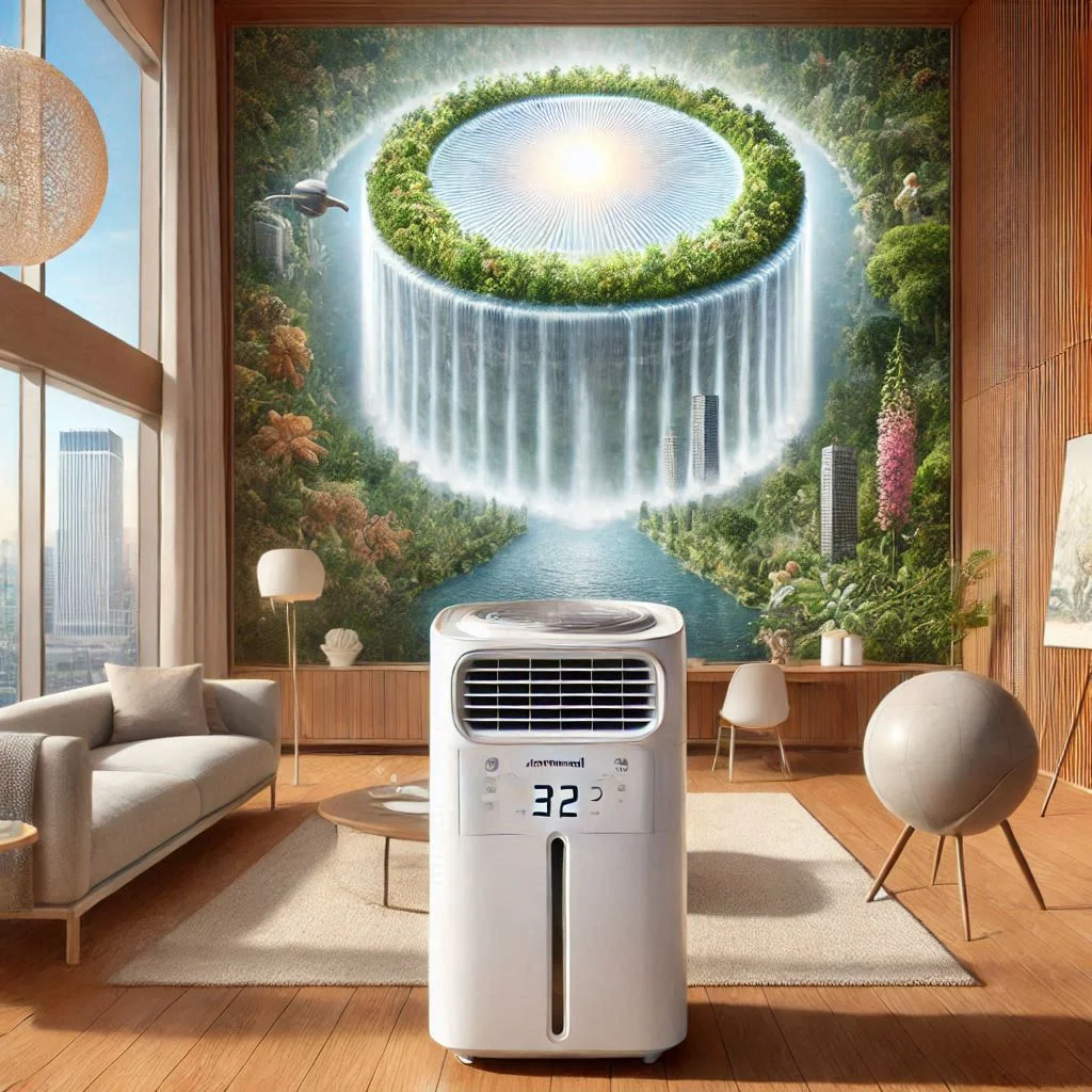 "Honeywell CO30XE Portable Air Conditioner in a large room, emphasizing the evaporative cooling system and water tank."