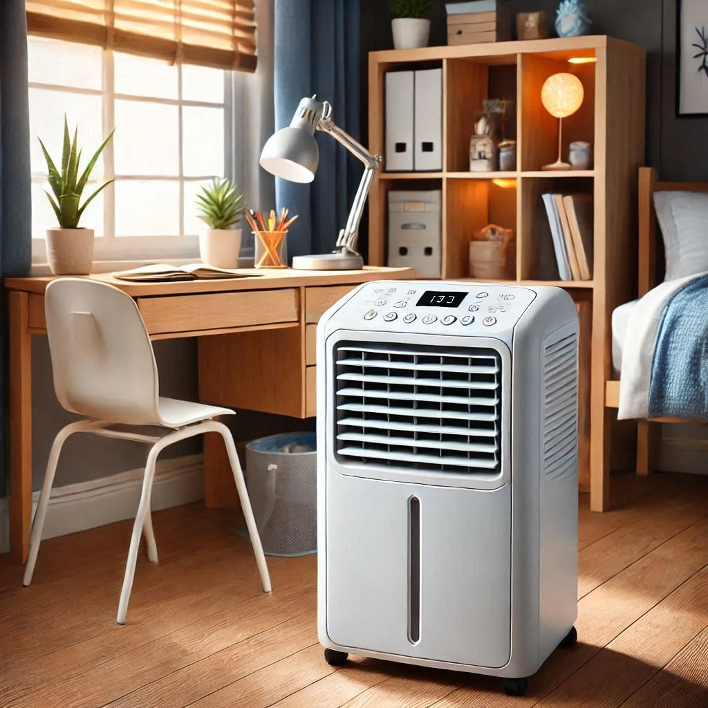 "Image of the Frigidaire FHPH132AB1 portable air conditioner cooling a dorm room, with the unit placed near a window and remote control on the desk."