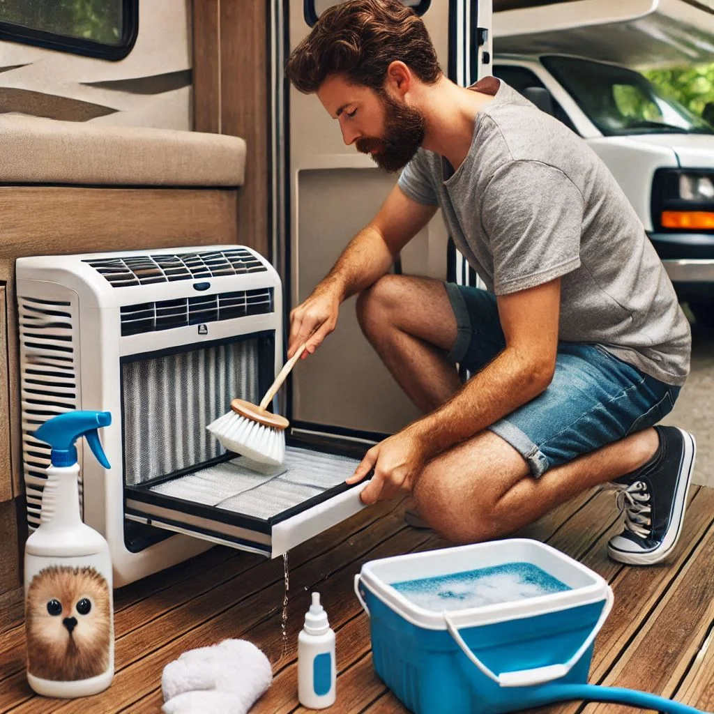 A camper owner cleaning the filter of a portable AC unit, with tools like a soft brush and running water visible.