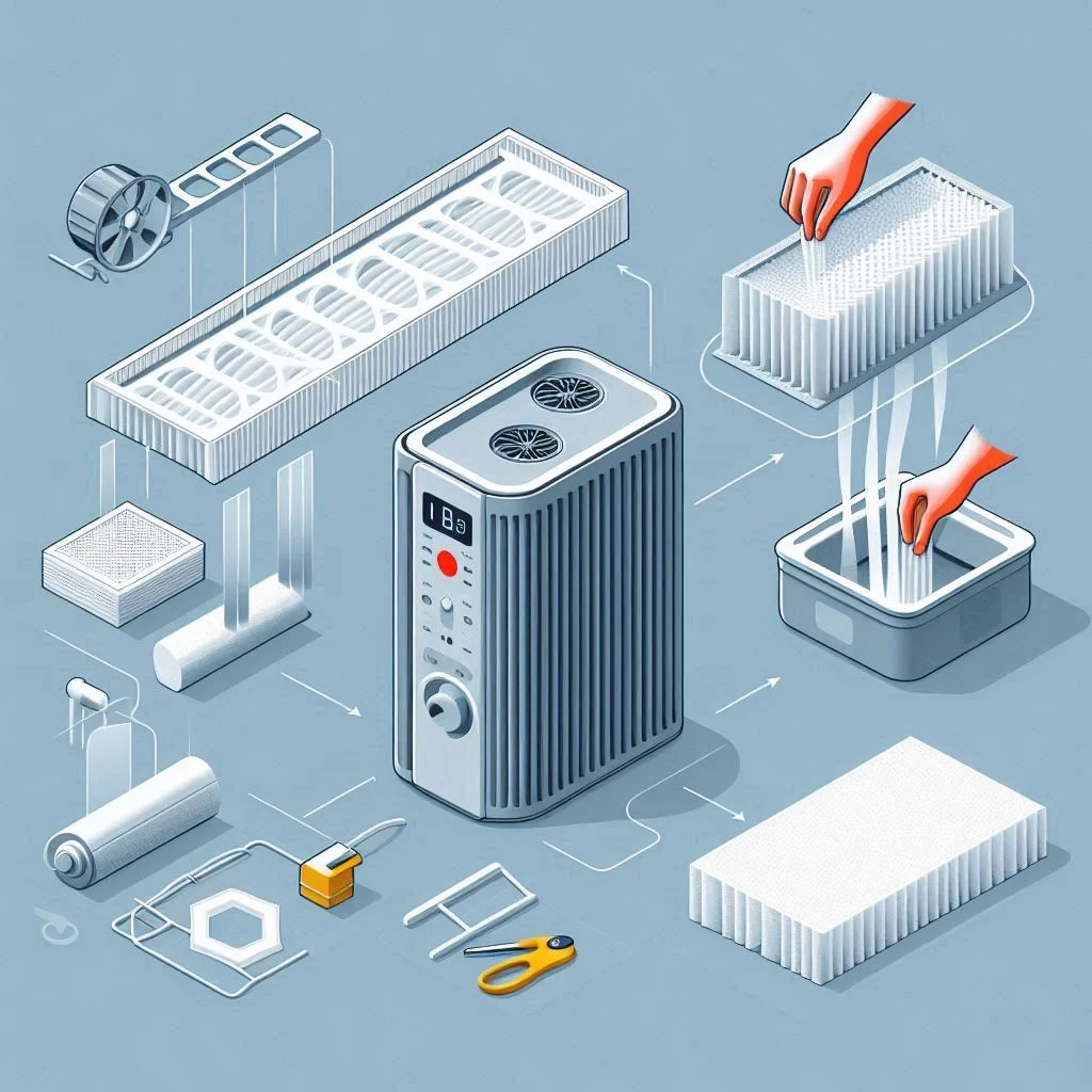 A visual guide showing how to clean an air purifier filter, with steps like removing the filter, washing it, and reinstalling it in the device.