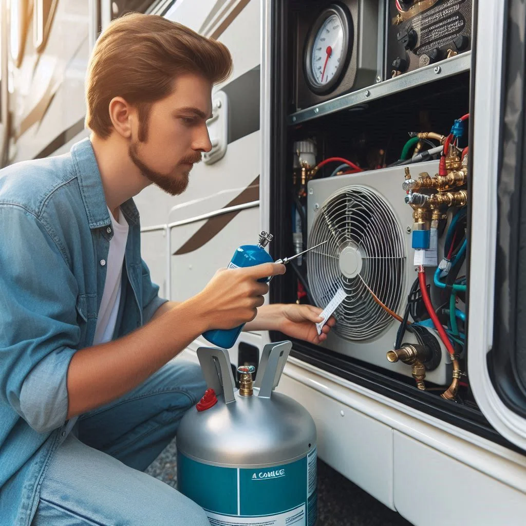 "Close-up of a person checking the refrigerant levels and inspecting the seals around an RV air conditioner unit during routine seasonal maintenance."