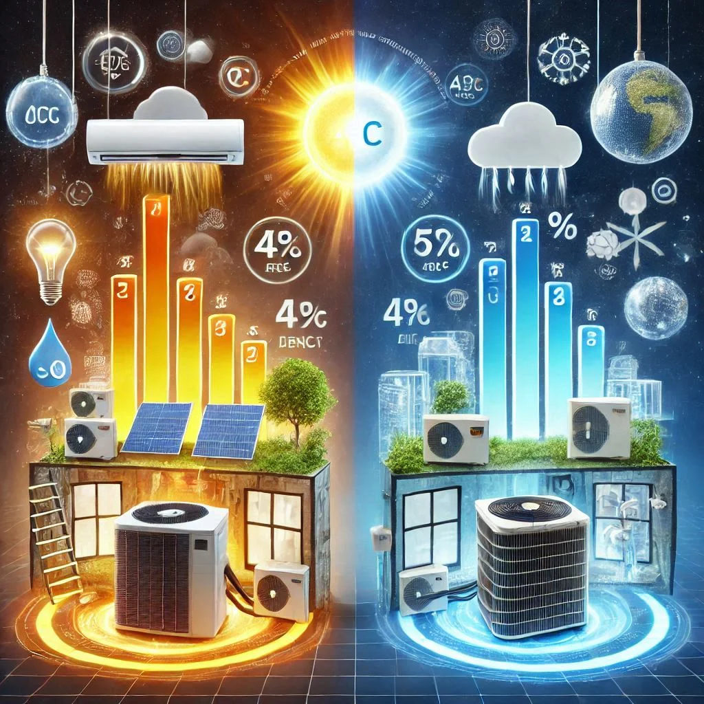 "A visual showing the efficiency comparison between heat pumps and air conditioners, illustrating energy savings and performance in both heating and cooling."