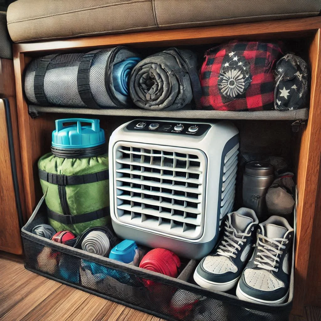 A small portable air conditioner tucked neatly into a camper’s storage compartment, surrounded by camping gear.