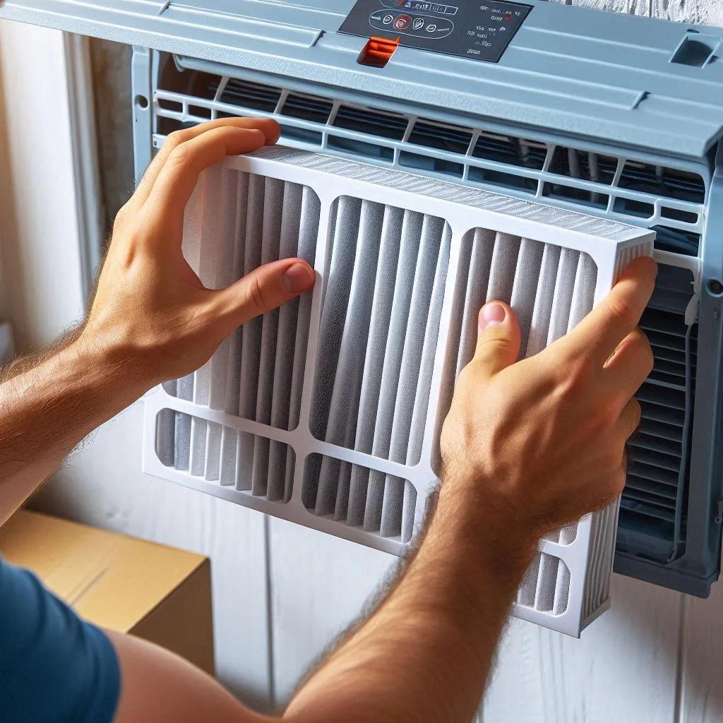 "A person carefully reinstalling a cleaned air conditioner filter back into the AC unit, making sure it fits securely."