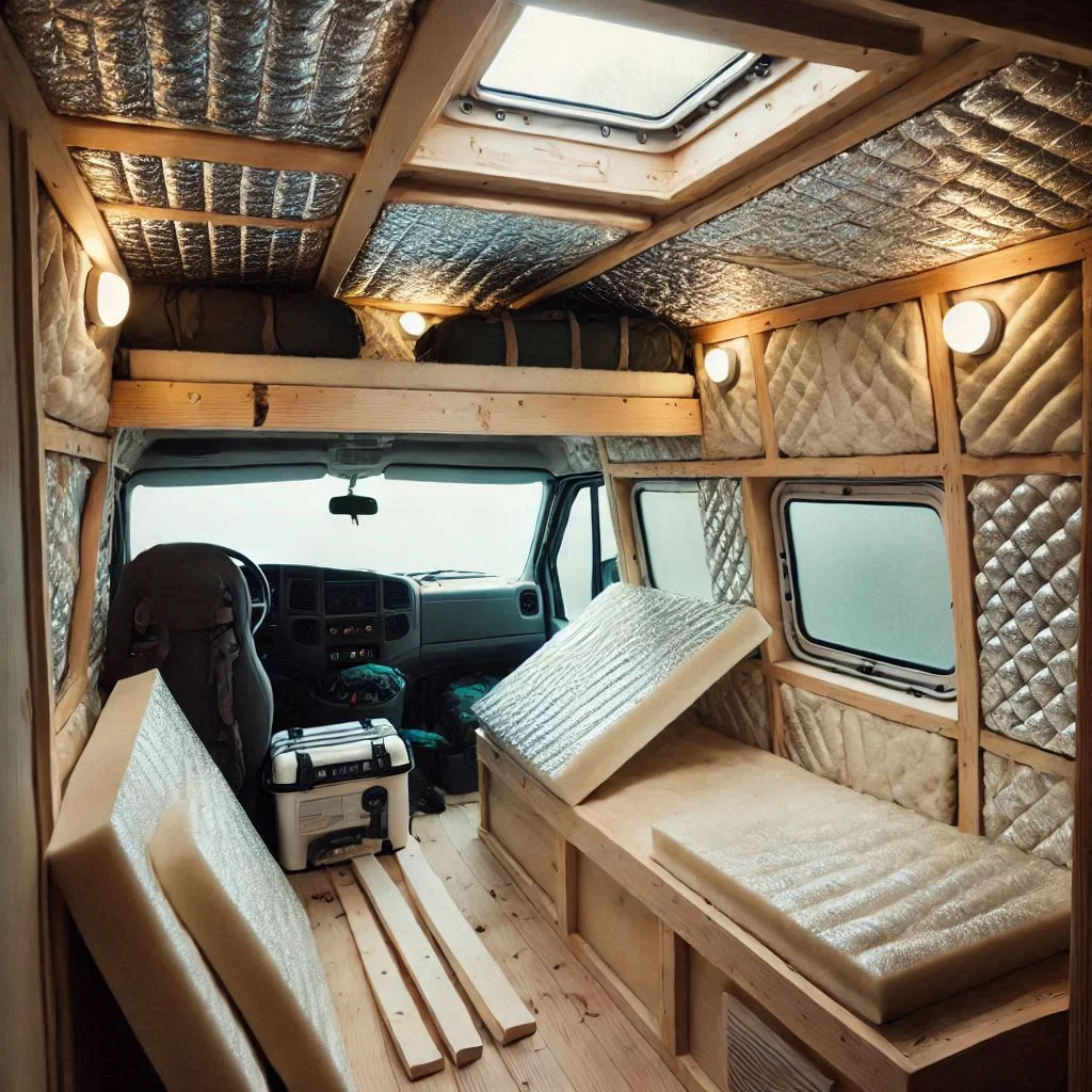 A camper van interior during the insulation process, with reflective foam panels being installed on the walls and ceiling.