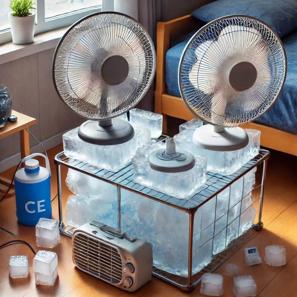 "A DIY camping air conditioner in action during a heatwave, showing multiple fans and ice blocks providing cooling relief."