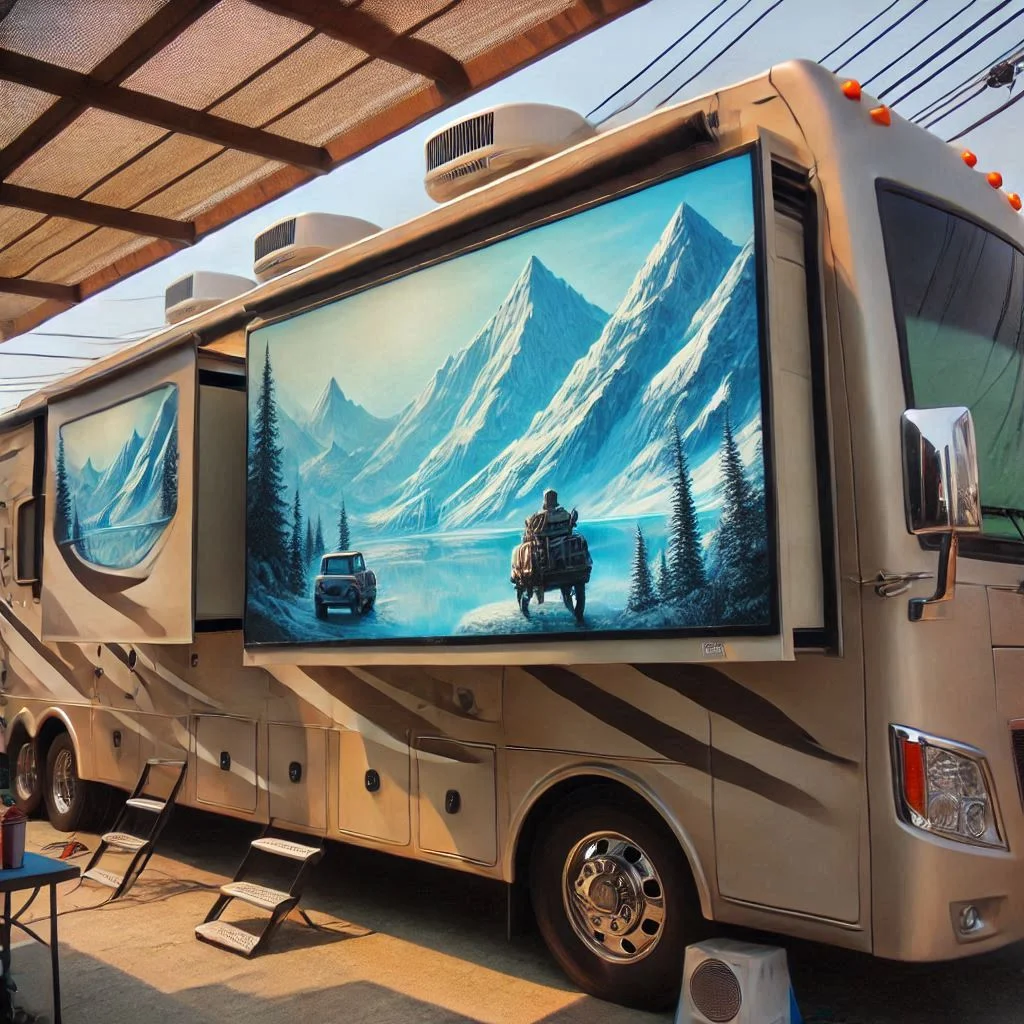 "An RV parked in a shaded area with reflective window covers to enhance cooling efficiency"