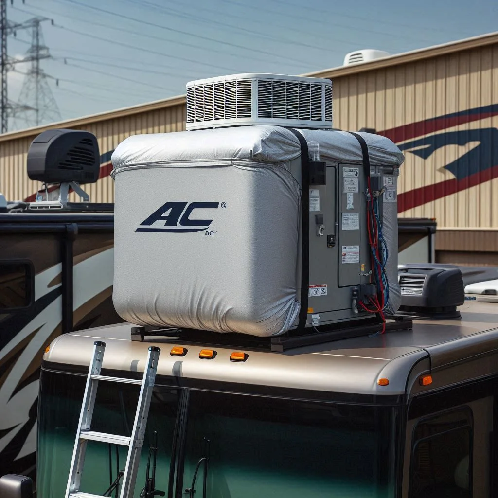 "A well-maintained Houghton RV air conditioner installed on the roof of an RV, with the unit covered during off-season storage. Include an RV in the background with a protective cover over the air conditioner."