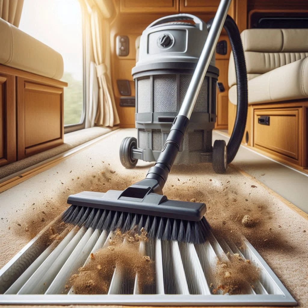 A vacuum cleaner with a brush attachment cleaning a flat RV AC filter, showing debris being lifted off the surface.