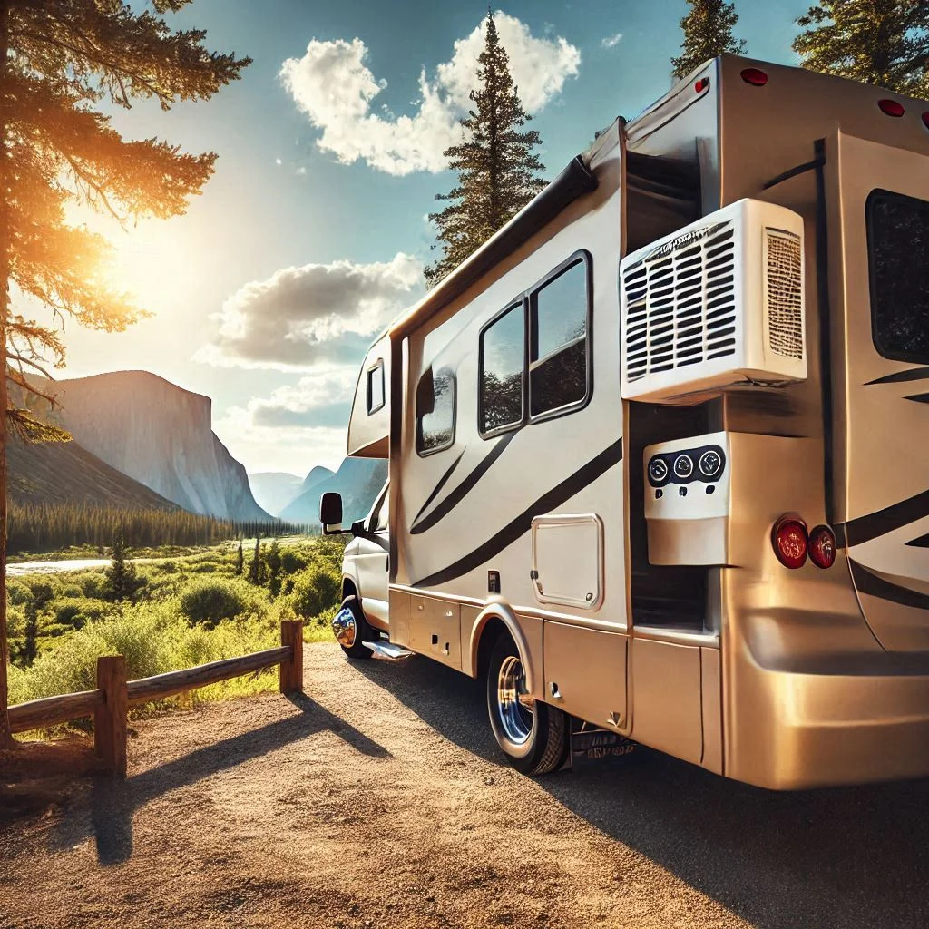 An exterior shot of an RV parked in a scenic campsite with the air conditioner visible, operating under a clear sunny sky.