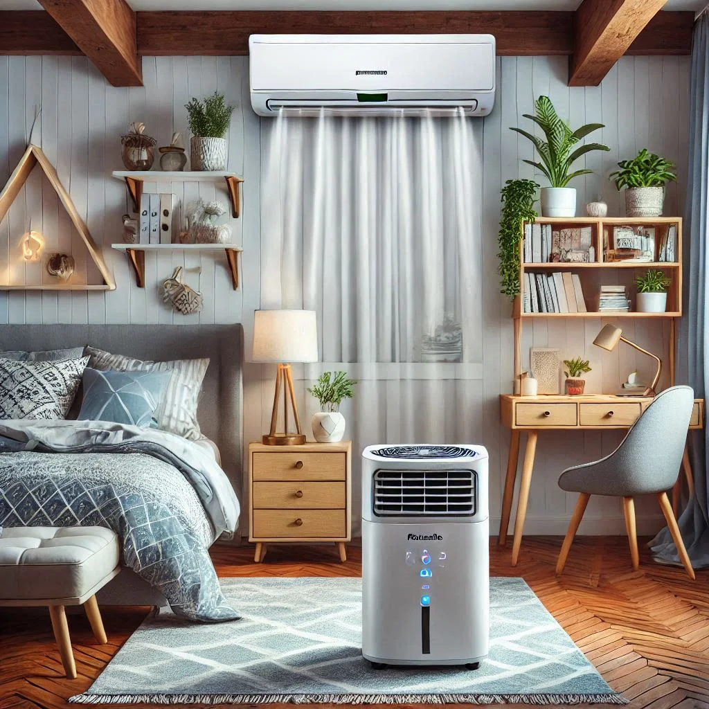 "Frigidaire portable air conditioner in a modern dorm room setup, cooling the space."