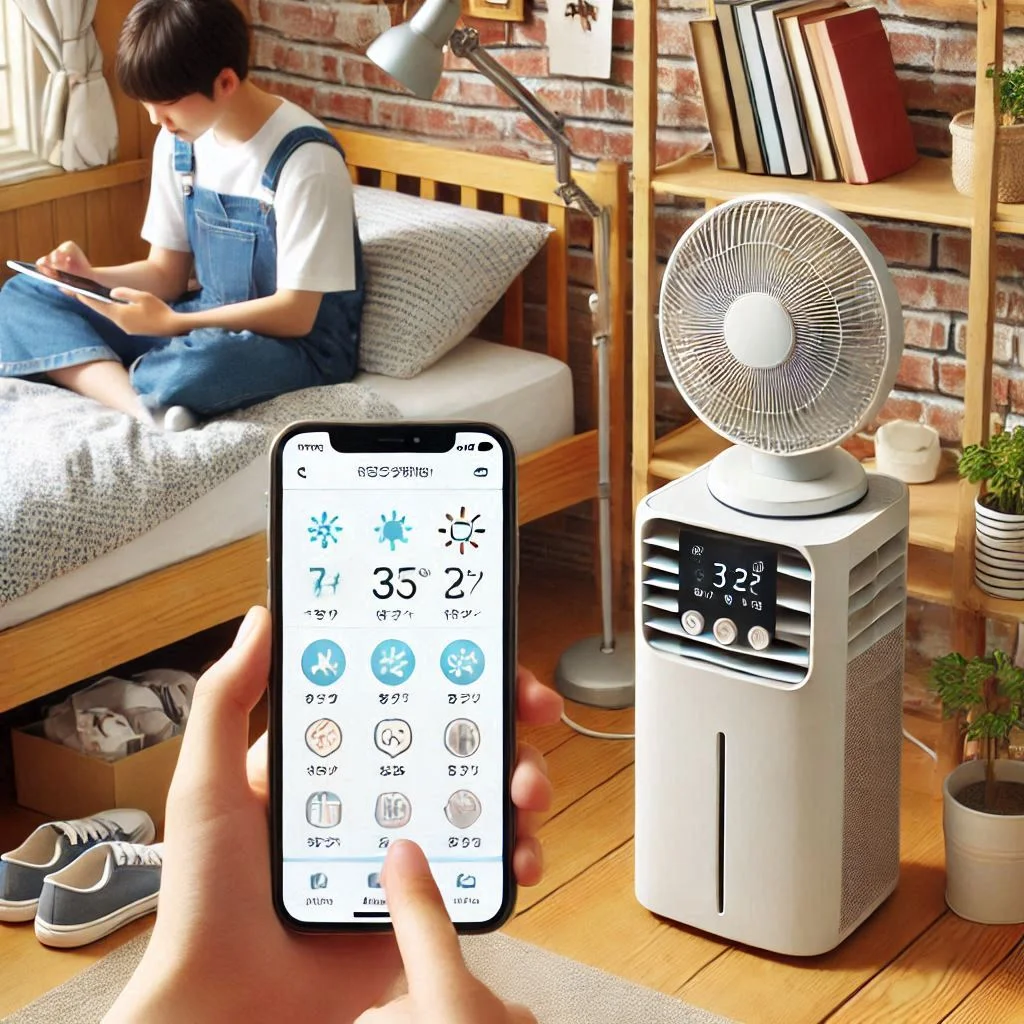 "Image showing a person controlling a portable air conditioner via smartphone app from a dorm bed."