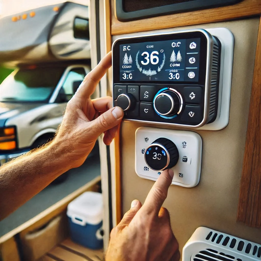 "A person adjusting the settings on an RV air conditioning thermostat while parked at a campsite."