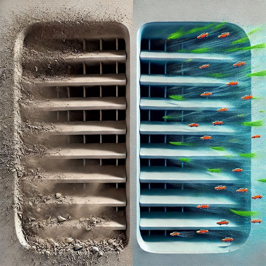 A visual comparison of a dirty air vent vs. a clean air vent, highlighting the difference in airflow and cleanliness.