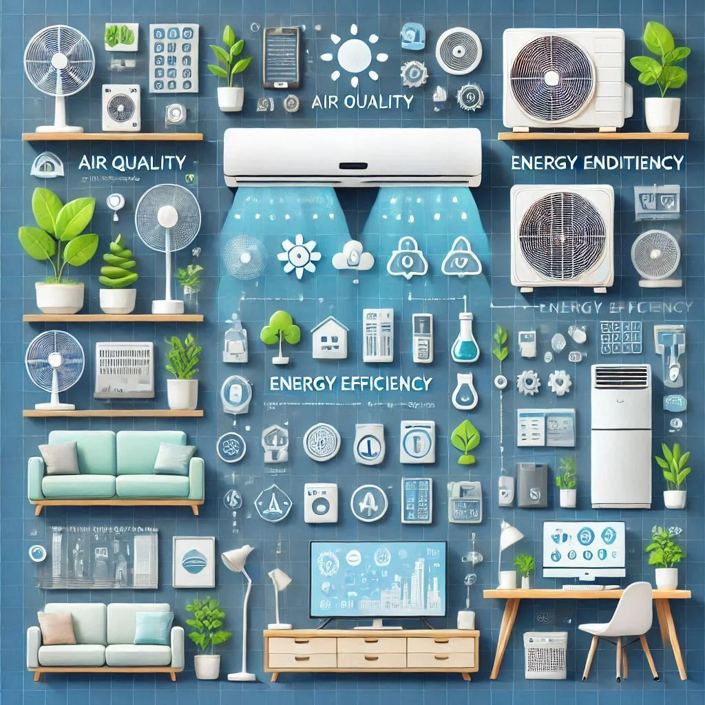 "Create a detailed comparison table showing the main differences between Air Purifiers and Air Conditioners, focusing on air quality impact, energy efficiency, and functionality."