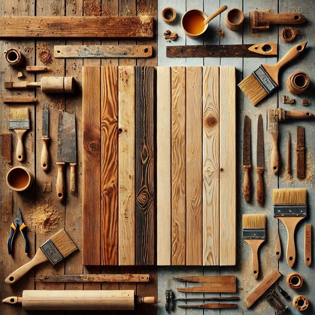 "Comparison of unfinished wood and pressure-treated wood, showing the differences in texture, color, and appearance, with a workbench and tools in the background."