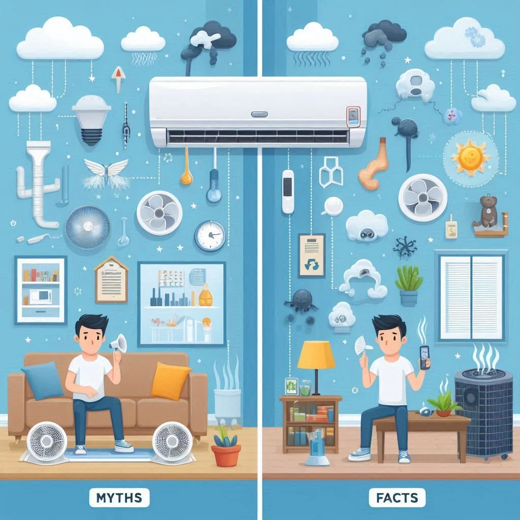 A comparison chart illustrating myths vs. facts about using air purifiers with air conditioners.