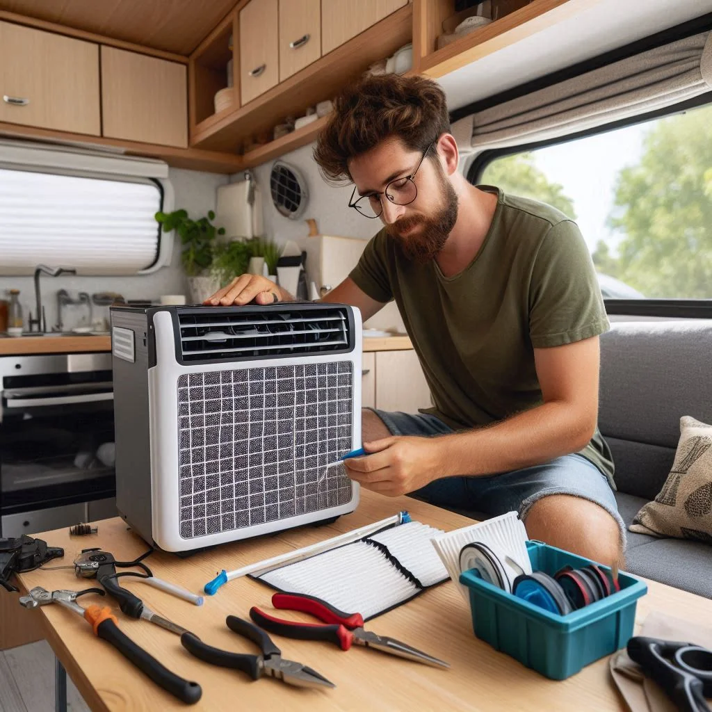 A camper van owner cleaning the air filter of a portable air conditioner, with tools and a clean workspace.