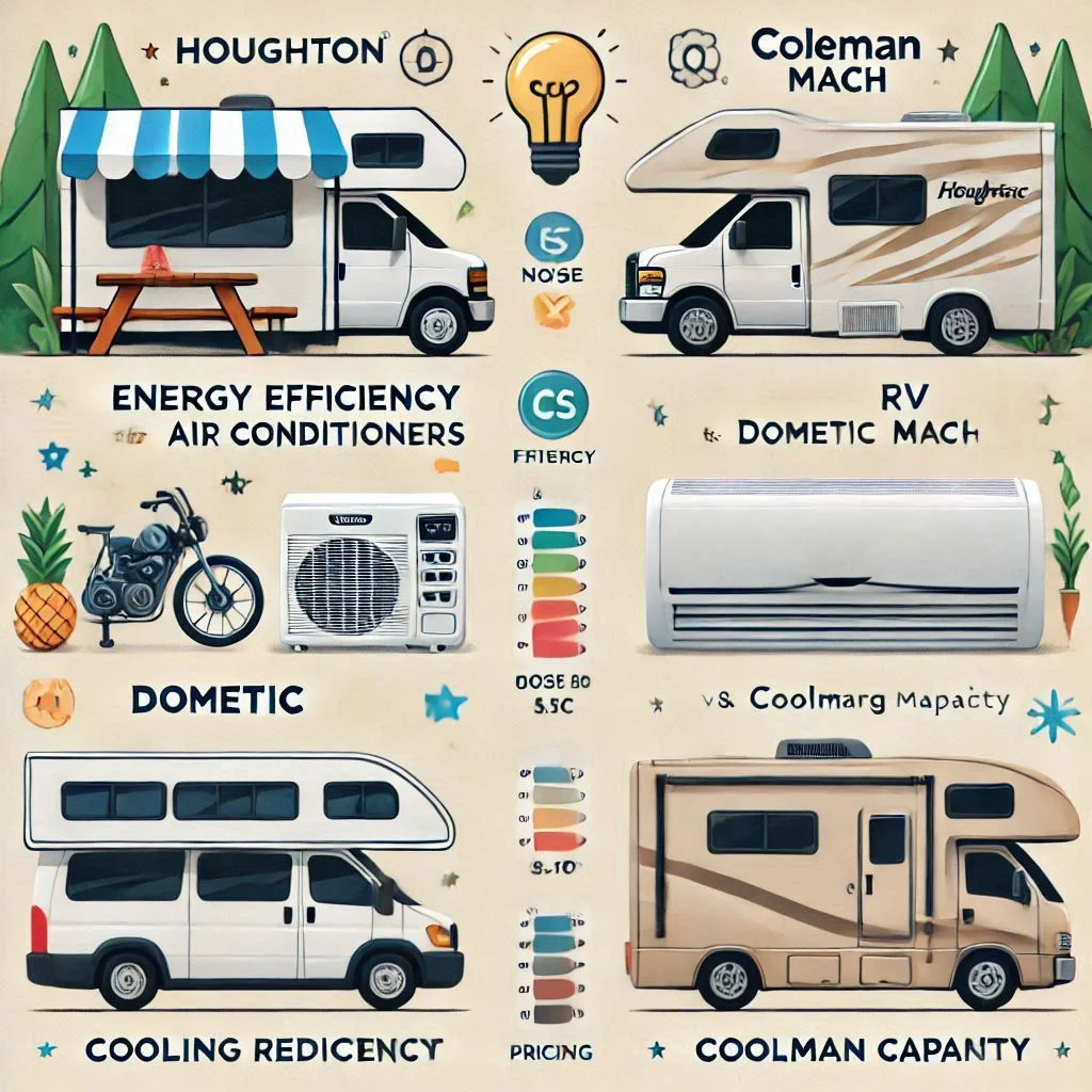 "A side-by-side comparison table showing key features of Houghton RV air conditioners versus Dometic and Coleman Mach. Include icons for energy efficiency, noise reduction, cooling capacity, and pricing to highlight the differences in a clear, visually appealing manner."