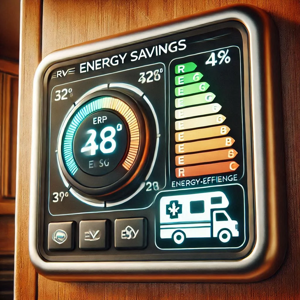 "An image of an RV's digital thermostat showing an energy-efficient setting, emphasizing the optimal range for energy savings."