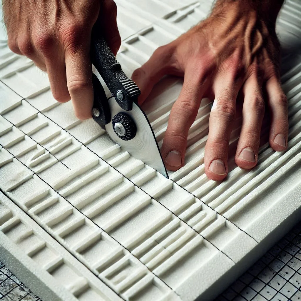 A close-up of the polystyrene board with cutting lines marked and a cutter slicing through it cleanly.