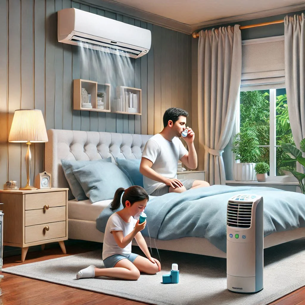 "A peaceful bedroom with an air conditioner operating, showing a family member using an inhaler with improved air quality as a supportive element."