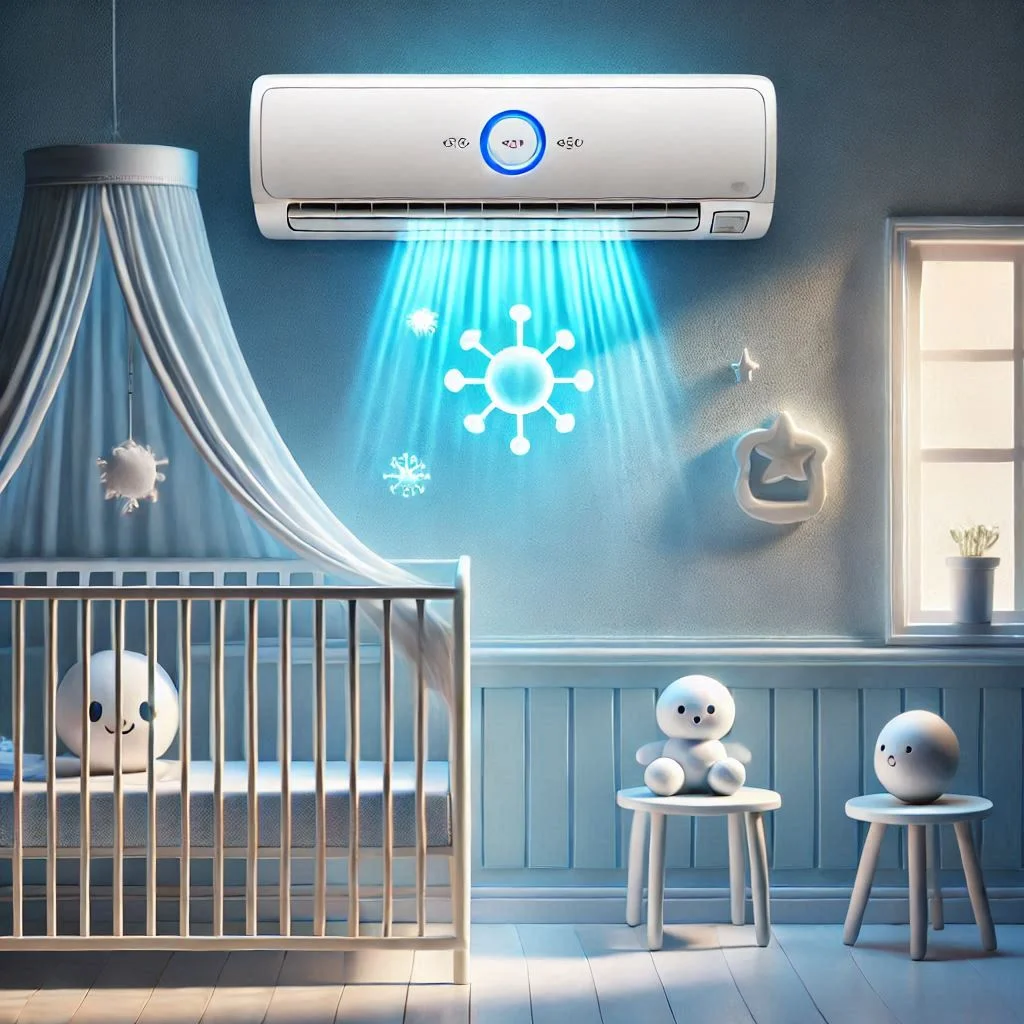 A nursery air conditioner with a visible UV-C light feature, symbolizing its ability to provide germ-free air, complemented by a clean and serene room.