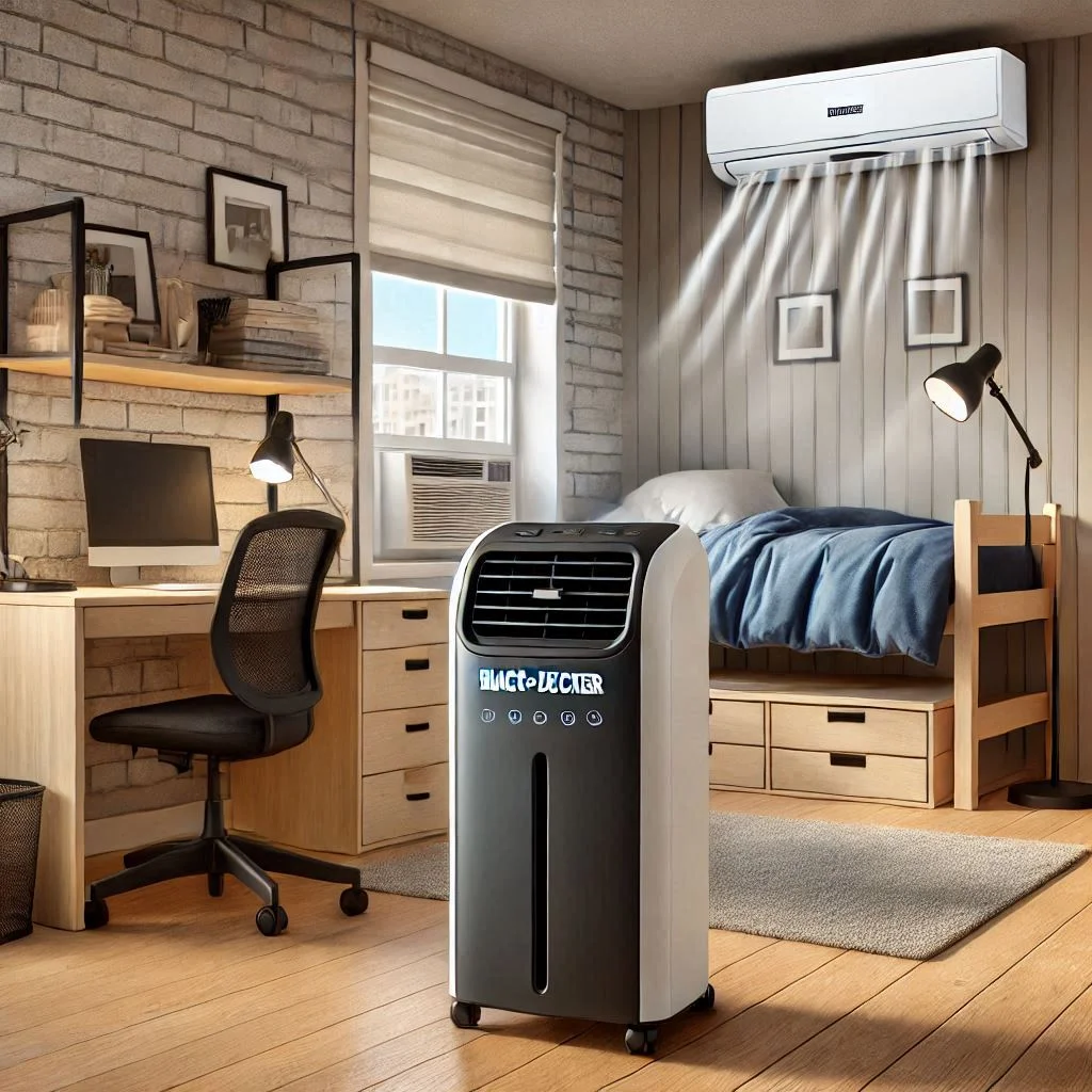 "Black + Decker portable air conditioner cooling a small dorm room with a desk and bed."