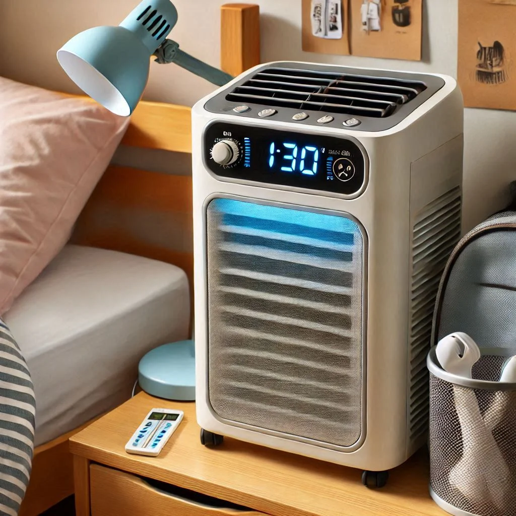 "Image showing a portable air conditioner with a noise level measurement indicator, placed quietly in a dorm room."