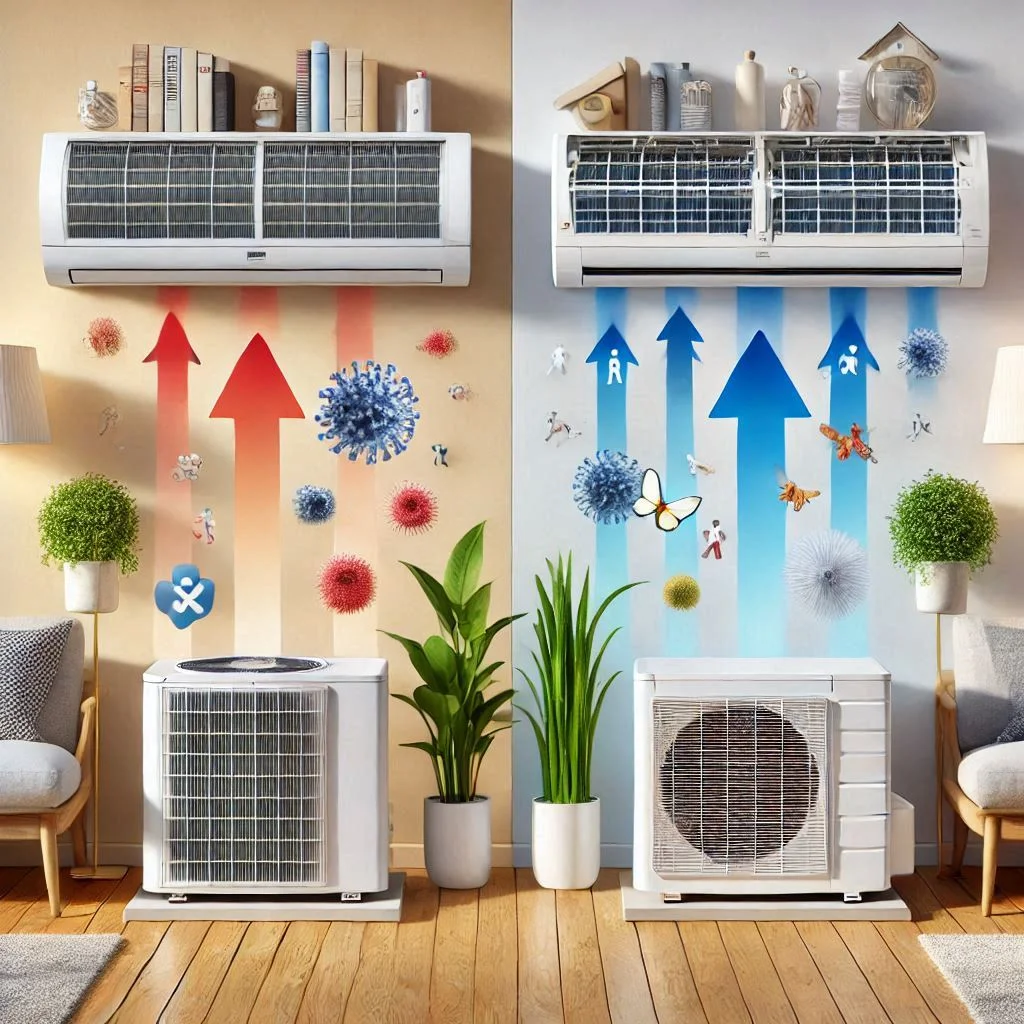 "Side-by-side comparison of a ductless mini-split AC and a central AC system, highlighting features like HEPA filters and air purifiers ideal for allergy sufferers."