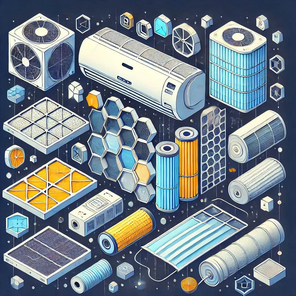 "Illustration of various specialized air conditioner filters, including HEPA, activated carbon, and UV light filters."