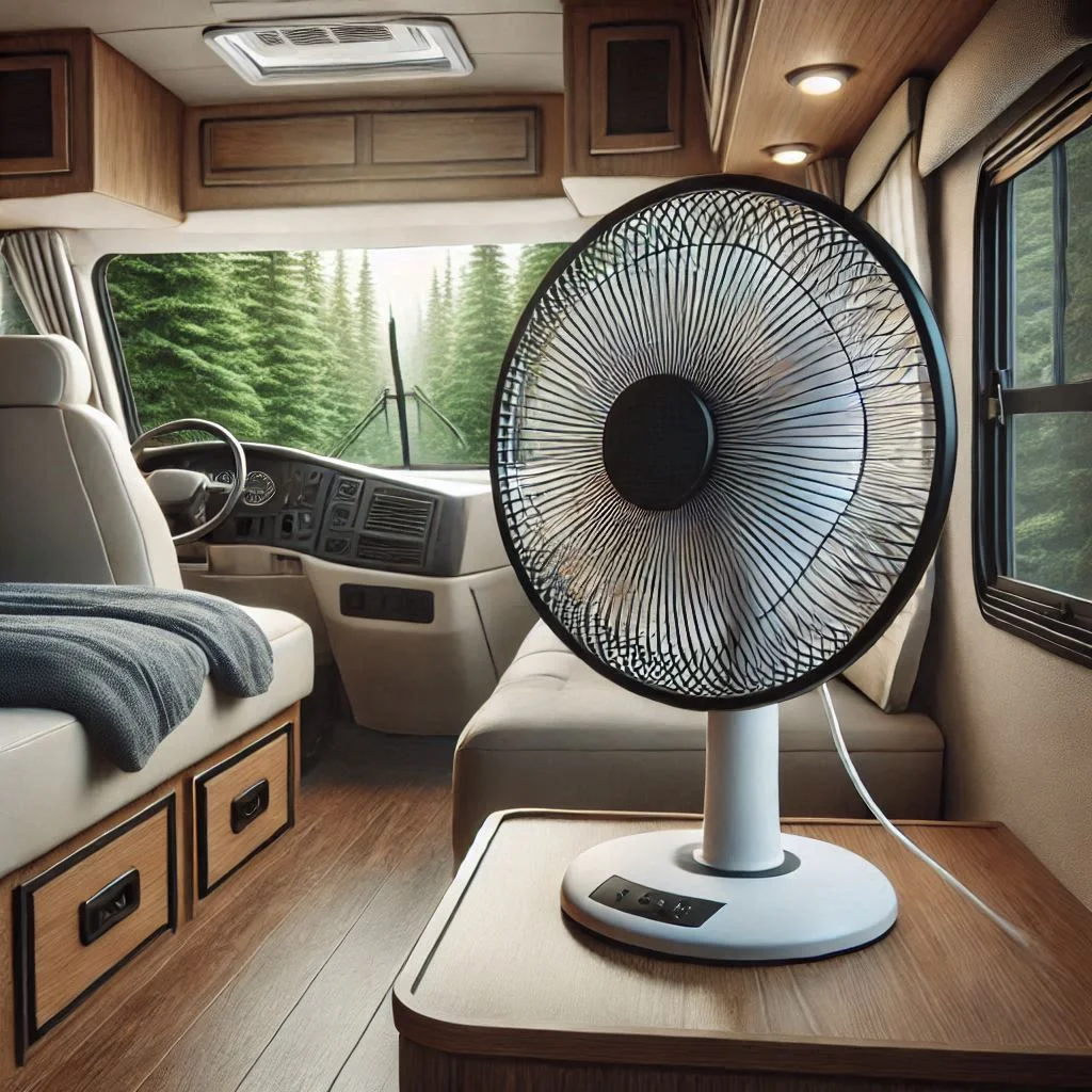 "A portable oscillating fan placed inside an RV, circulating cool air. The fan is shown positioned next to an open window to enhance ventilation and cooling."