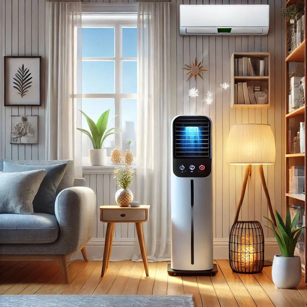 "A portable air conditioner cooling a small room, showing the space-saving design and efficiency."