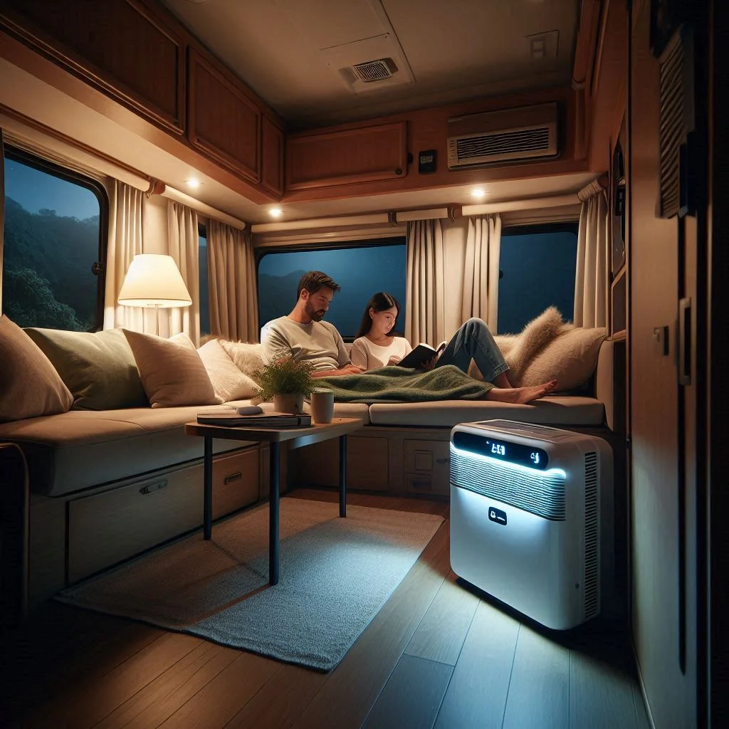 "A cozy RV interior at night with a B-Cool 12000RV unit running silently, showing a serene couple reading by soft ambient lighting."