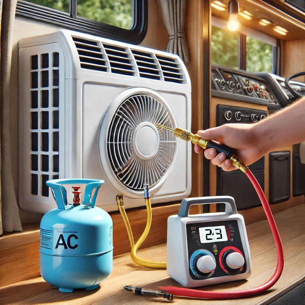 "An RV air conditioner with visible refrigerant port, showing the process of recharging the AC with the correct refrigerant using a gauge and safety equipment."