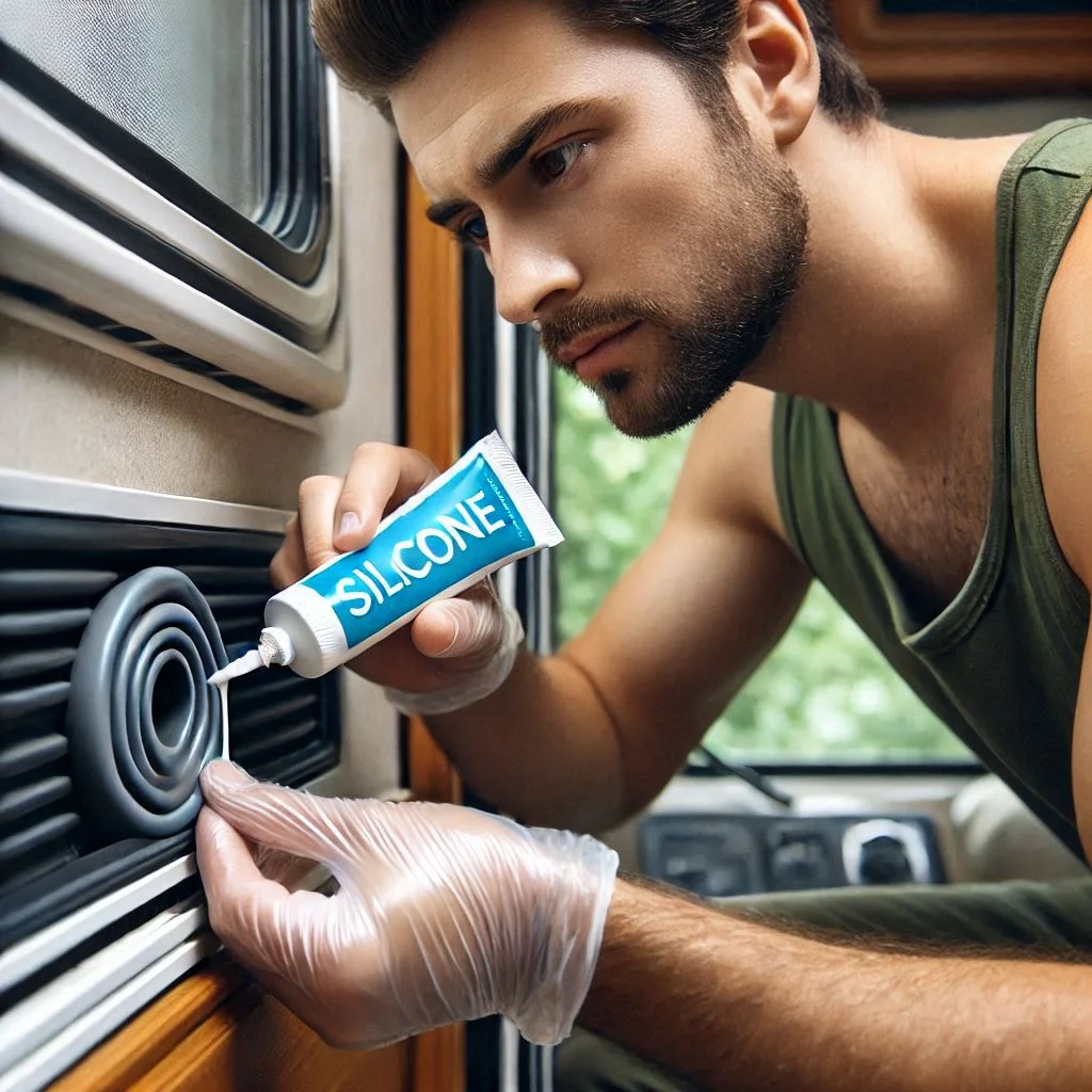 A close-up of a person applying silicone lubricant to an RV air conditioner’s rubber seal, ensuring flexibility and durability.