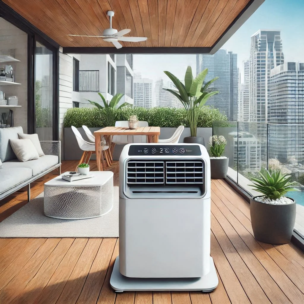 Generate an image of the Honeywell MN10CESBB portable air conditioner placed on a modern patio, cooling the outdoor area effectively with a sleek and compact design.