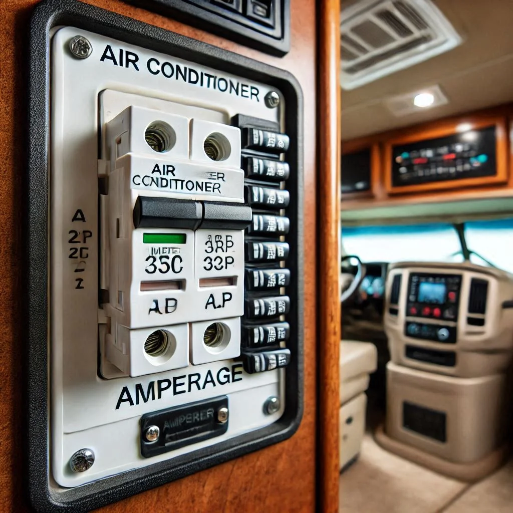 An image showing an electrical panel in an RV with a focus on the breaker labeled for the air conditioner, highlighting the amperage information.