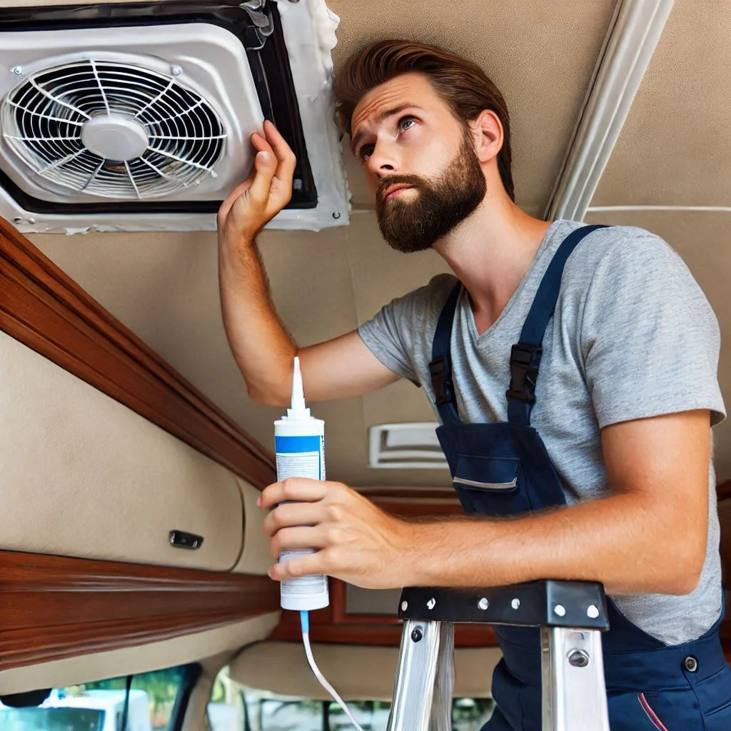 A technician inspecting the roof of an RV to ensure the air conditioner unit is properly mounted and sealed. The technician should be applying sealant around the unit to prevent any water leakage.