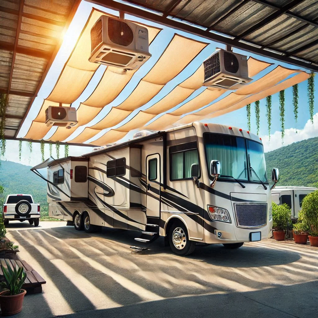 Image of an RV parked in a shaded area with the sunshades deployed on windows, helping reduce the load on the air conditioner.