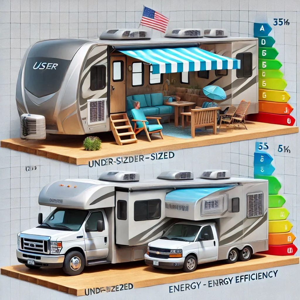 A comparison of an under-sized and over-sized air conditioner in an RV, showing the effect on cooling performance and energy efficiency.