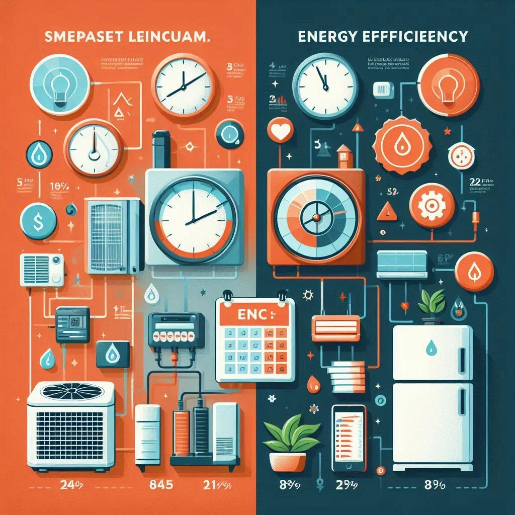 An infographic comparing the lifespan and energy efficiency of heat pumps vs. air conditioners. Use visuals such as clocks or calendars to represent longevity and power-saving icons to show efficiency.