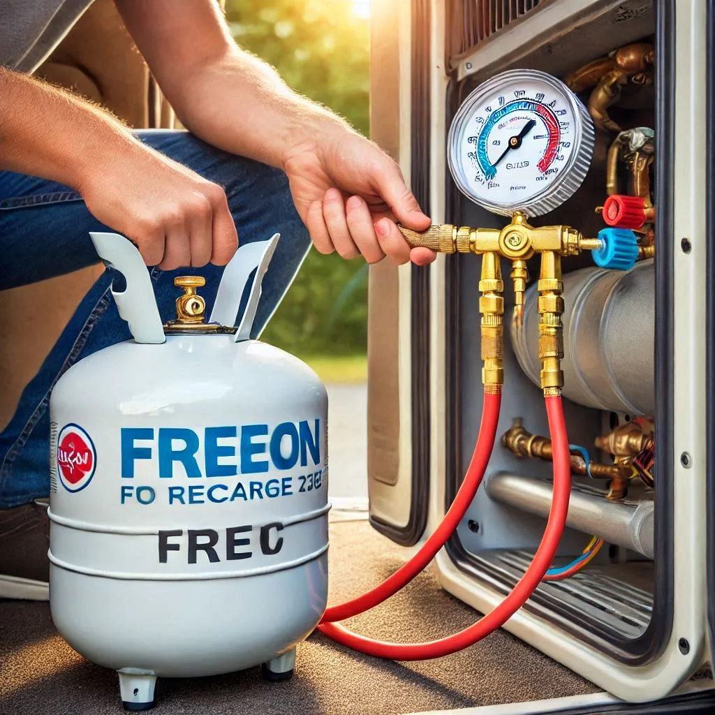 Image showing a refrigerant canister being attached to the recharge hose with Freon being added to an RV AC unit while monitoring the pressure gauge.