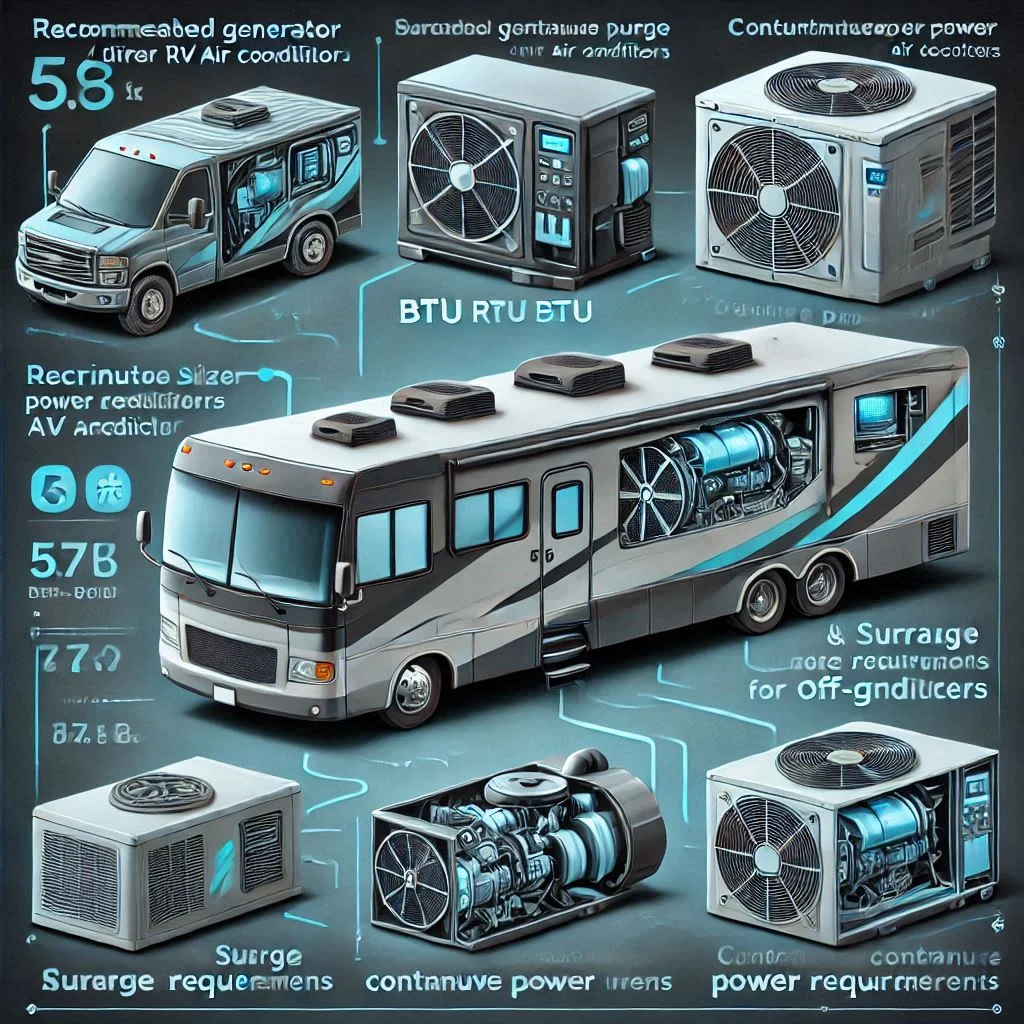 "A visual showing the recommended generator sizes for different BTU RV air conditioners, with a focus on surge and continuous power requirements for off-grid use."