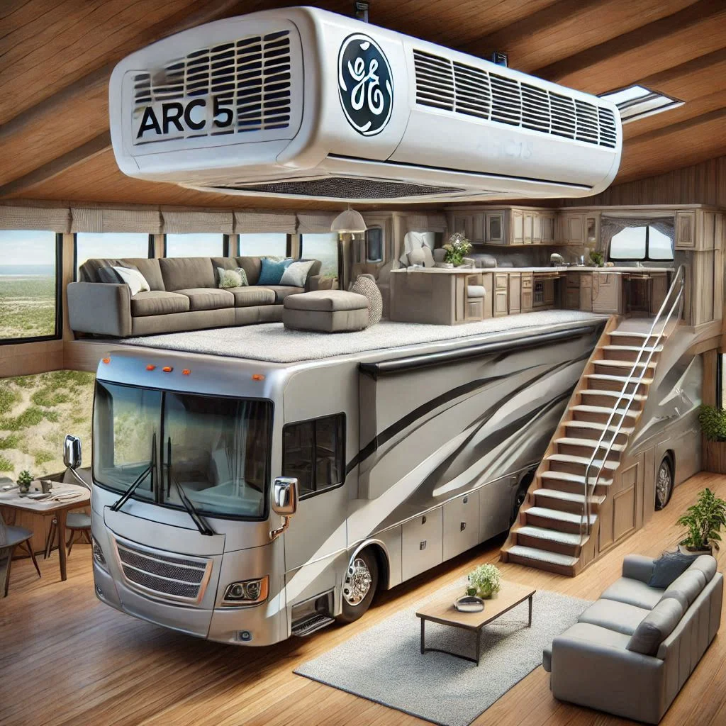 "A large RV with the GE® ARC15 mounted on the roof, providing cooling to a spacious living area, demonstrating the unit’s suitability for larger RVs."