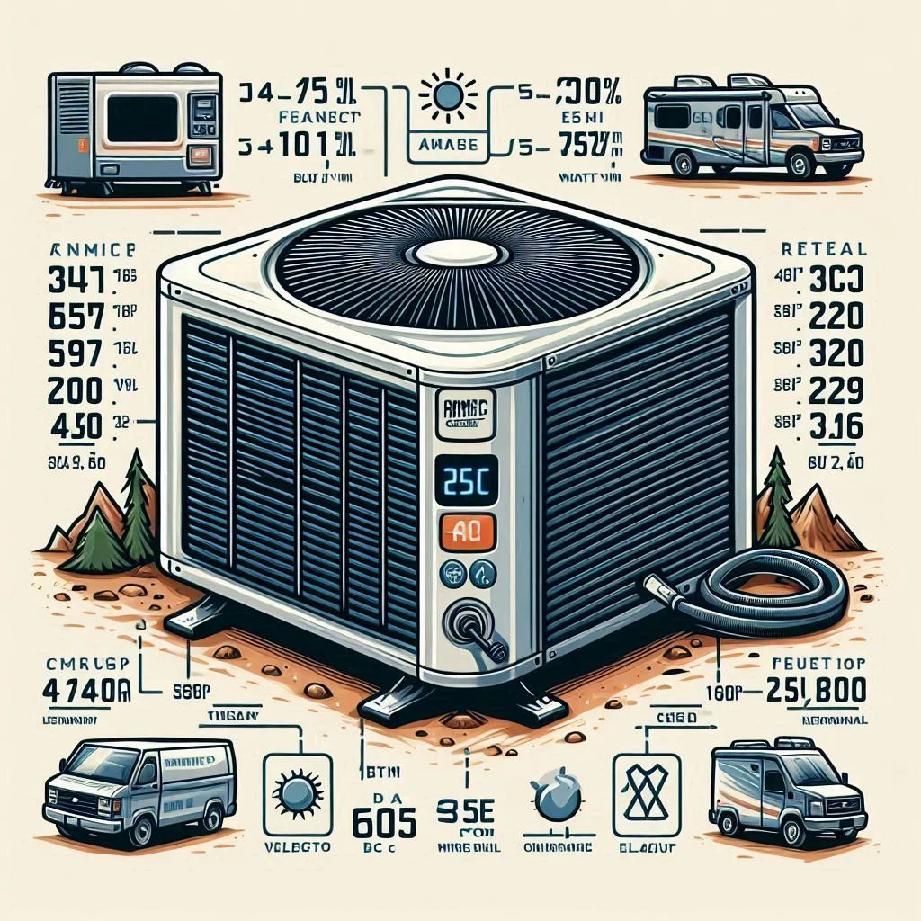 "An illustration of an RV AC unit with BTU ratings for various sizes and wattage consumption"